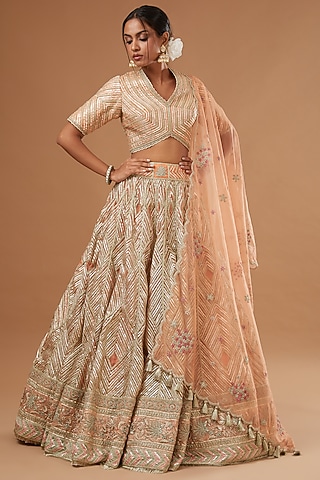 Peach Organza Embroidered Lehenga Set by Simar Dugal