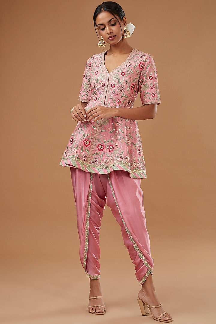 Salmon Pink Modal Silk Dhoti Set by Simar Dugal at Pernia's Pop Up Shop