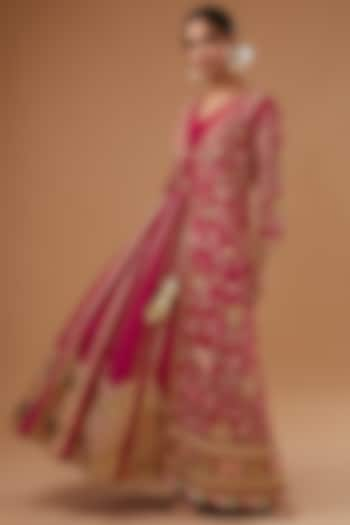 Reddish Pink Tussar Silk & Chanderi Embroidered Jacket Set by Simar Dugal at Pernia's Pop Up Shop