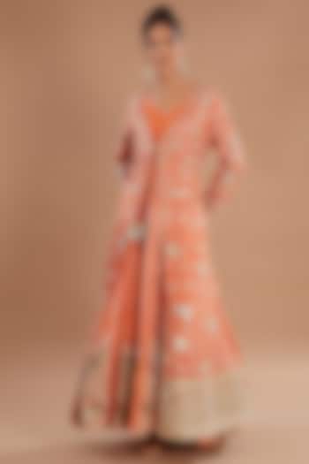Orange Tussar Silk & Chanderi Embroidered Jacket Set by Simar Dugal