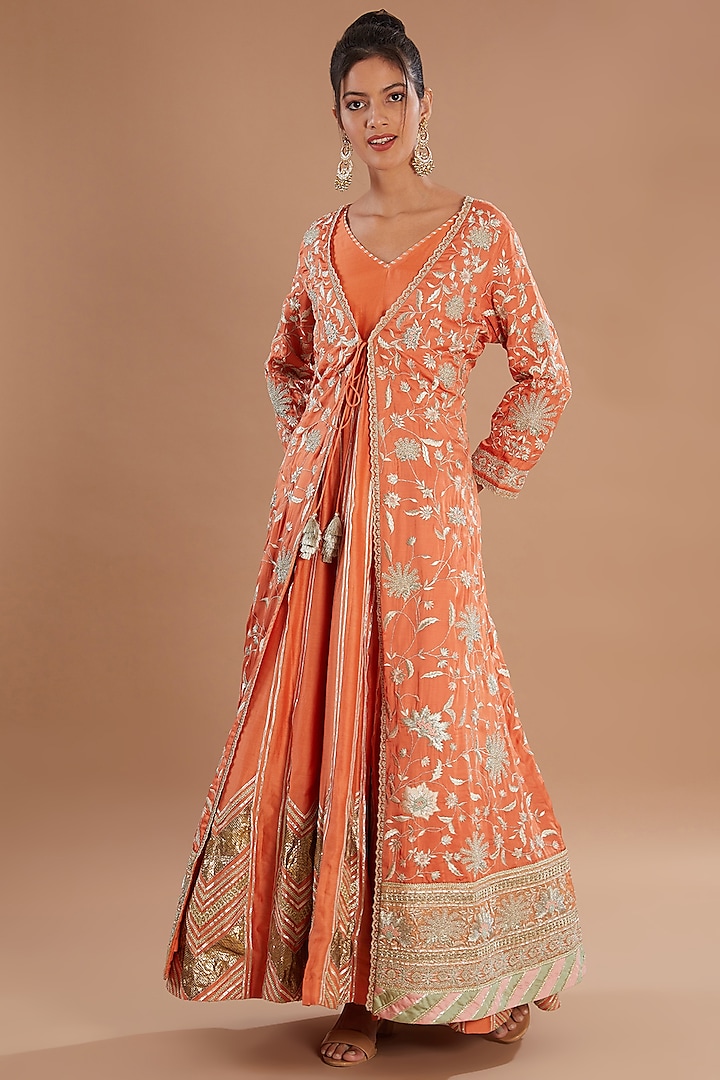 Orange Tussar Silk & Chanderi Embroidered Jacket Set by Simar Dugal