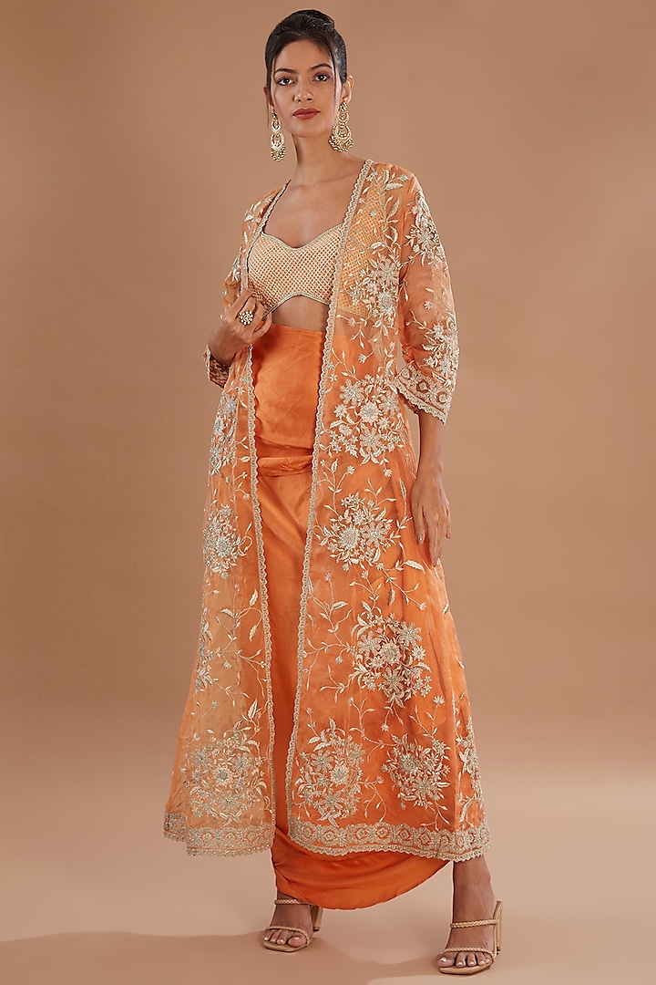 Orange Organza Thread & Zari Embroidered Jacket Set by Simar Dugal