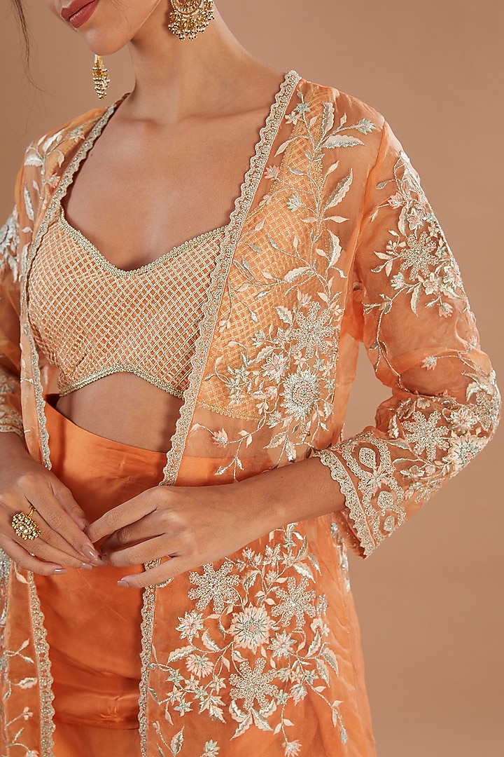 Orange Organza Thread & Zari Embroidered Jacket Set by Simar Dugal at Pernia's Pop Up Shop