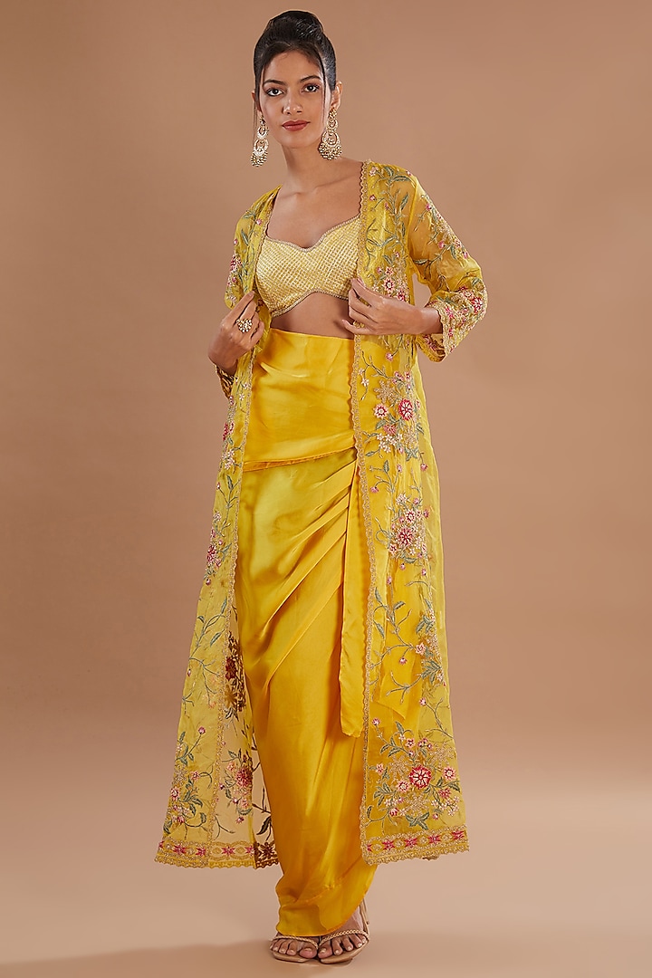 Yellow Organza Thread & Zari Embroidered Jacket Set by Simar Dugal at Pernia's Pop Up Shop