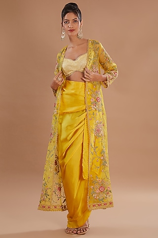 Yellow Organza Thread & Zari Embroidered Jacket Set by Simar Dugal
