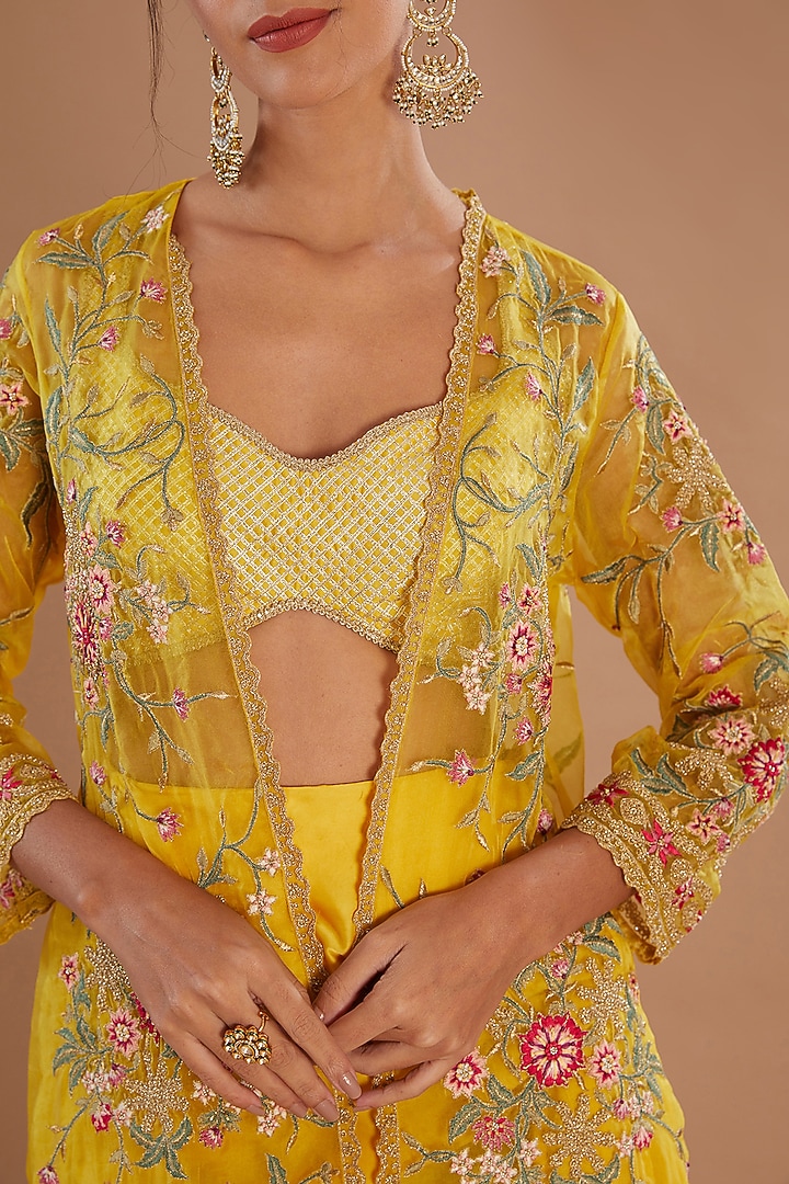 Yellow Organza Thread & Zari Embroidered Jacket Set by Simar Dugal at Pernia's Pop Up Shop