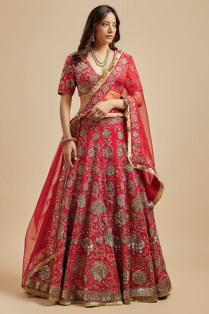Red Crepe Silk Sequin & Bead Embroidered Lehenga Set by Simar Dugal