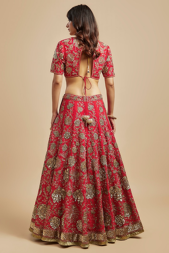 Red Crepe Silk Sequin & Bead Embroidered Bridal Lehenga Set by Simar Dugal at Pernia's Pop Up Shop