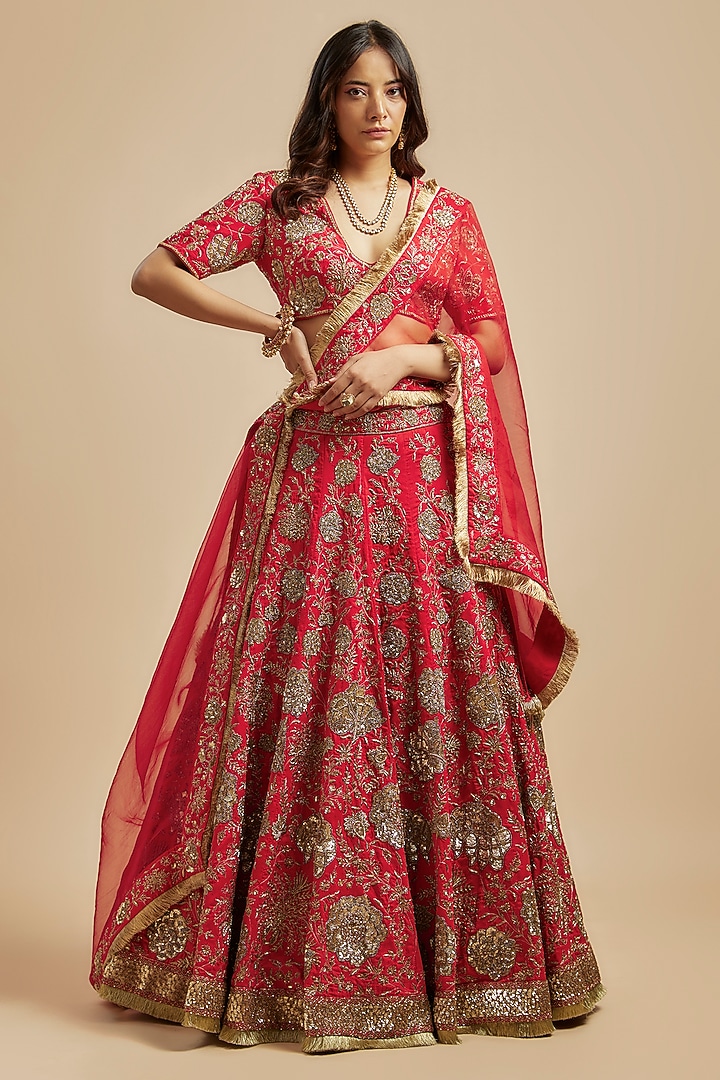 Red Crepe Silk Sequin & Bead Embroidered Bridal Lehenga Set by Simar Dugal at Pernia's Pop Up Shop