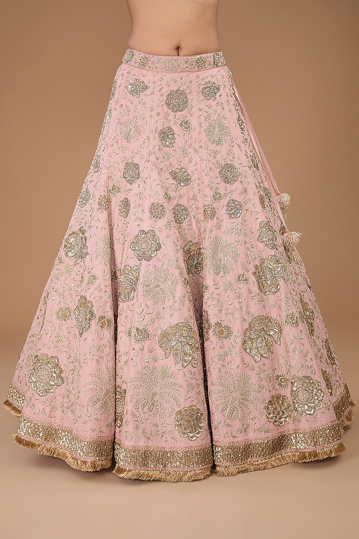 Old Rose Pink Crepe Silk Dabka & Sequins Hand Embroidered Bridal Lehenga Set by Simar Dugal at Pernia's Pop Up Shop