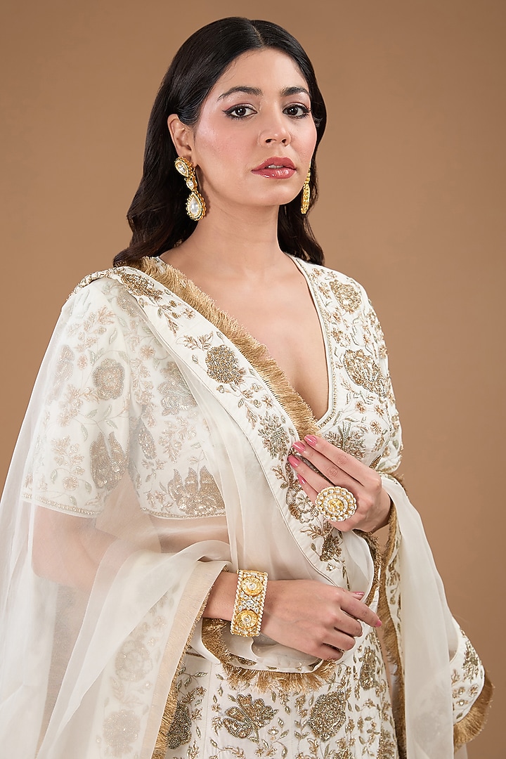 Ivory Crepe Silk Dabka & Sequins Hand Embroidered Bridal Lehenga Set by Simar Dugal at Pernia's Pop Up Shop