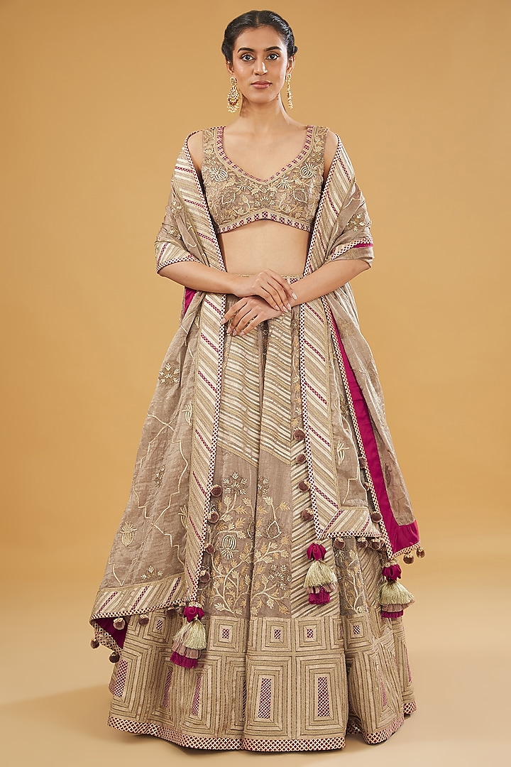 Multi-Colored Tissue Chanderi Aari & Dori Embroidered Bridal Lehenga Set by Simar Dugal at Pernia's Pop Up Shop