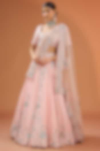 Old Rose Pink Katan Silk Hand Embroidered Bridal Lehenga Set by Simar Dugal at Pernia's Pop Up Shop