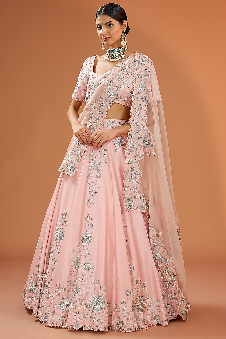 Old Rose Pink Katan Silk Hand Embroidered Bridal Lehenga Set by Simar Dugal at Pernia's Pop Up Shop