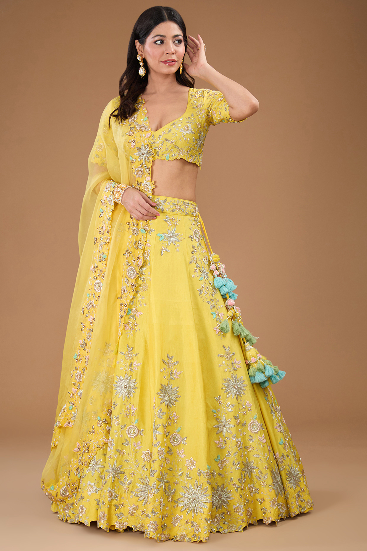 Yellow Katan Silk Thread & Metallic Hand Embroidered Bridal Lehenga Set ...