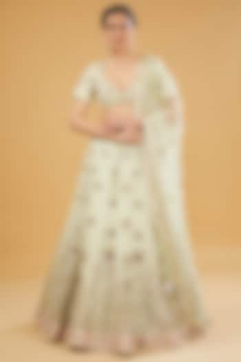 Lime Crepe Silk Dori & Nakshi Embroidered Bridal Lehenga Set by Simar Dugal at Pernia's Pop Up Shop