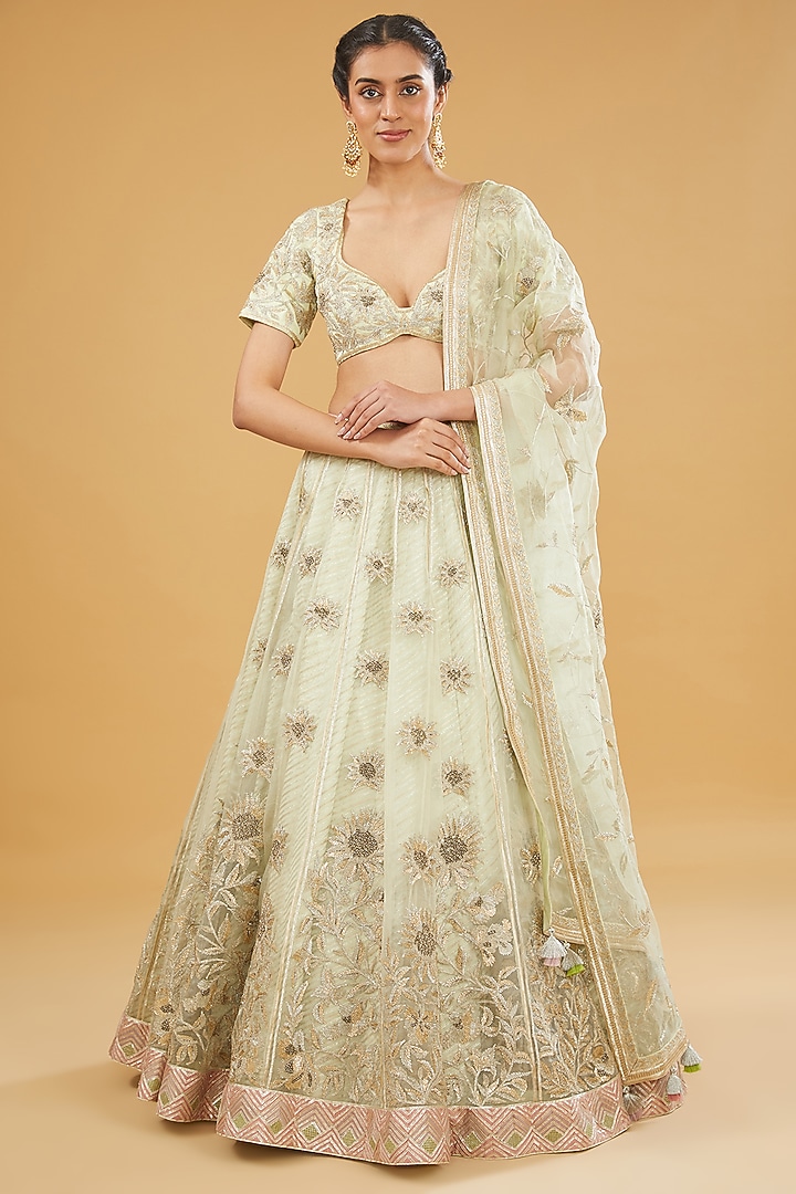 Lime Crepe Silk Dori & Nakshi Embroidered Bridal Lehenga Set by Simar Dugal at Pernia's Pop Up Shop