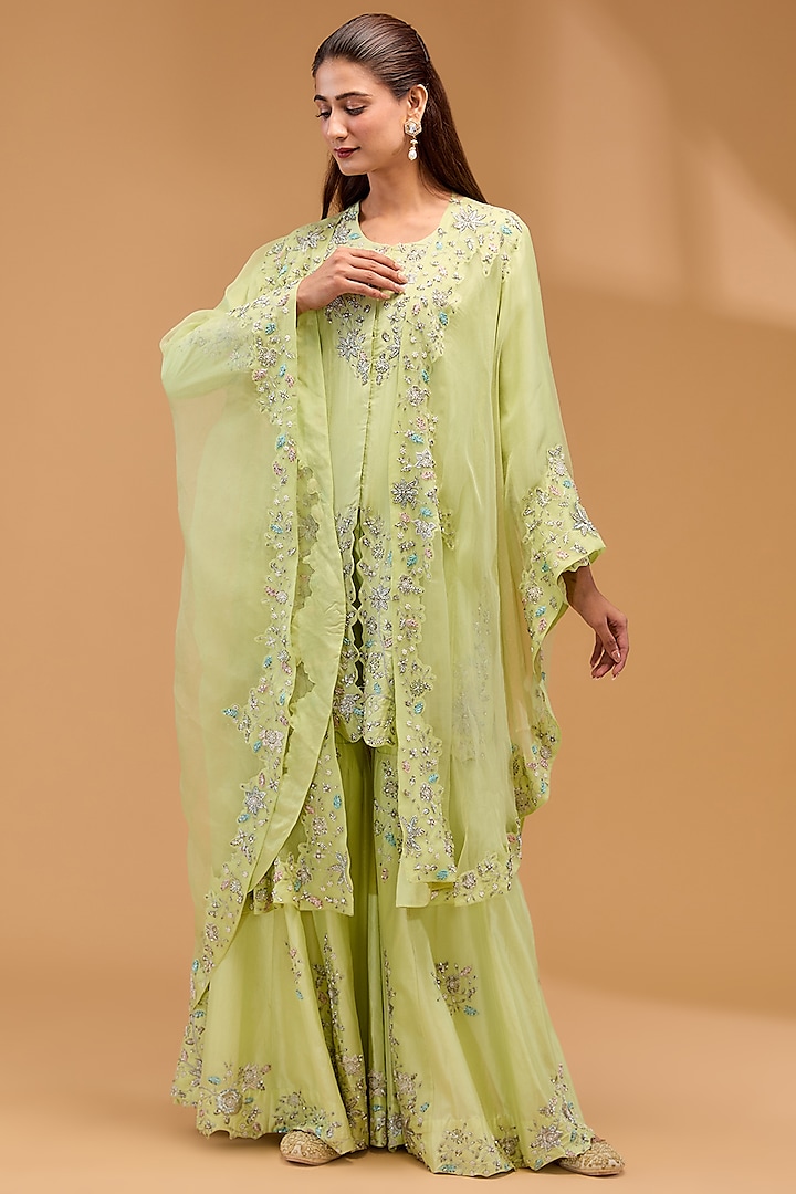 Lime Green Katan Silk Hand Embroidered Sharara Set by Simar Dugal