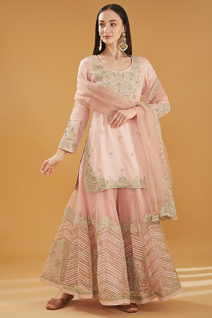 Old Rose Pink Organza Hand Embellished Sharara Set by Simar Dugal at Pernia's Pop Up Shop