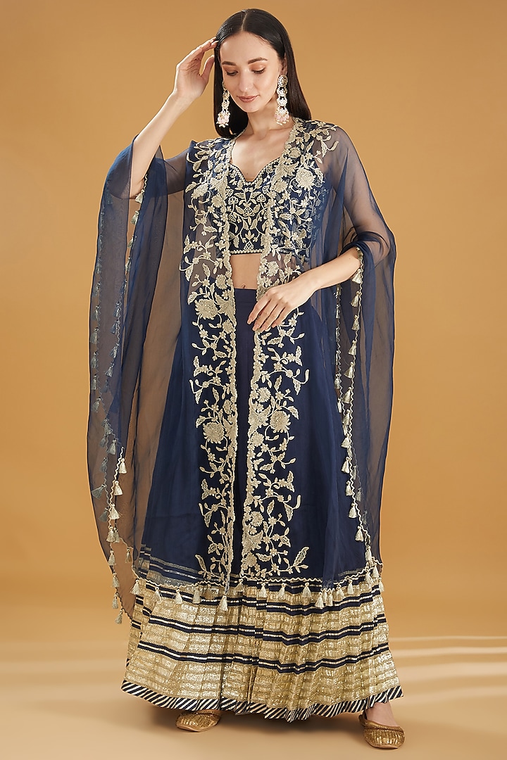 Navy Blue Cotton Silk Gota Stripe Embellished Sharara Set by Simar Dugal
