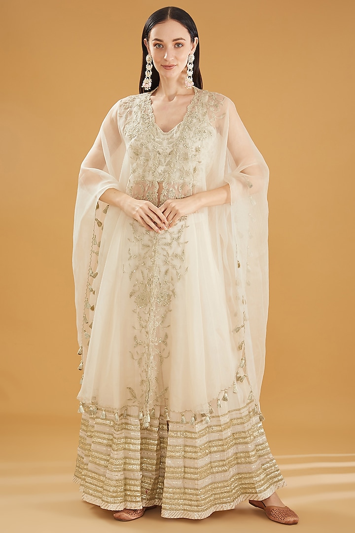 Ivory Cotton Silk Gota Stripe Embellished Sharara Set by Simar Dugal at Pernia's Pop Up Shop