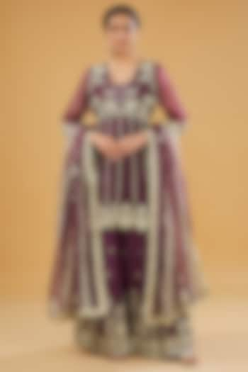 Purple Silk Hand Embroidered Sharara Set by Simar Dugal at Pernia's Pop Up Shop