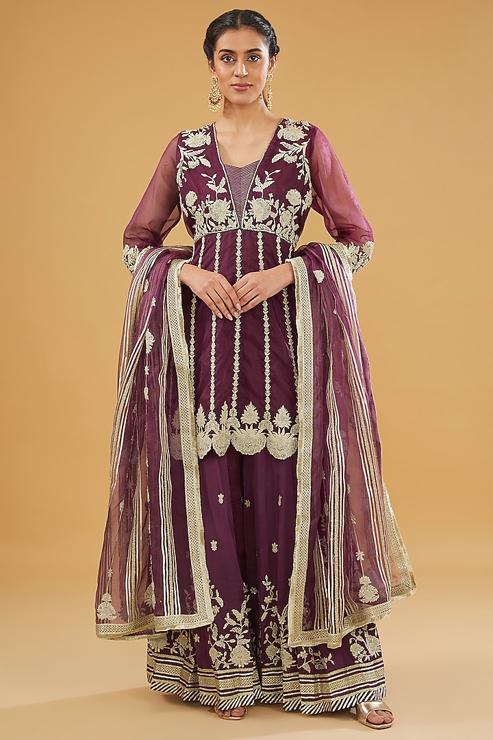 Purple Silk Hand Embroidered Sharara Set by Simar Dugal at Pernia's Pop Up Shop