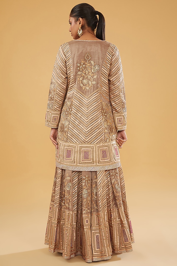 Bronze Chanderi & Banarasi Paneled Bridal Sharara Set by Simar Dugal at Pernia's Pop Up Shop