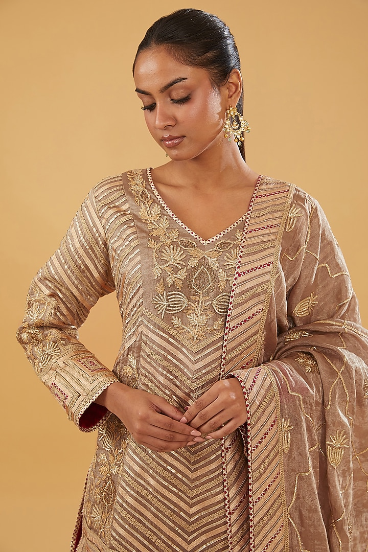 Bronze Chanderi & Banarasi Paneled Bridal Sharara Set by Simar Dugal at Pernia's Pop Up Shop