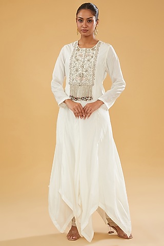 Ivory Modal Silk Dabka & Sequins Embroidered Asymmetric Kurta Set by Simar Dugal