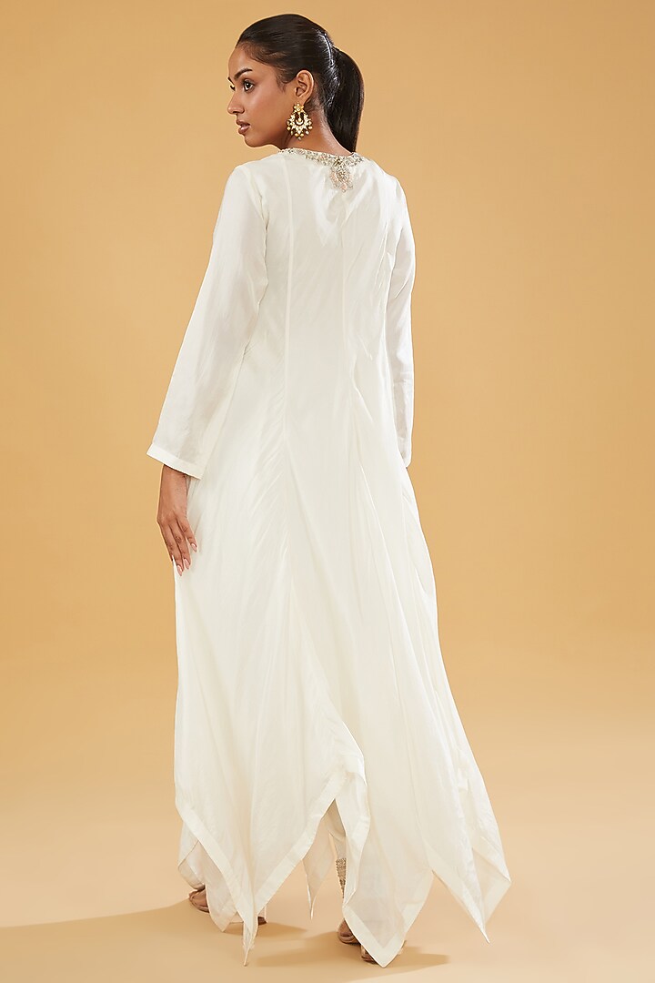 Ivory Modal Silk Dabka & Sequins Embroidered Asymmetric Kurta Set by Simar Dugal at Pernia's Pop Up Shop