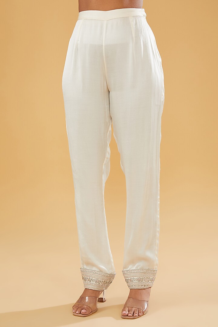 Ivory Modal Silk Dabka & Sequins Embroidered Asymmetric Kurta Set by Simar Dugal at Pernia's Pop Up Shop