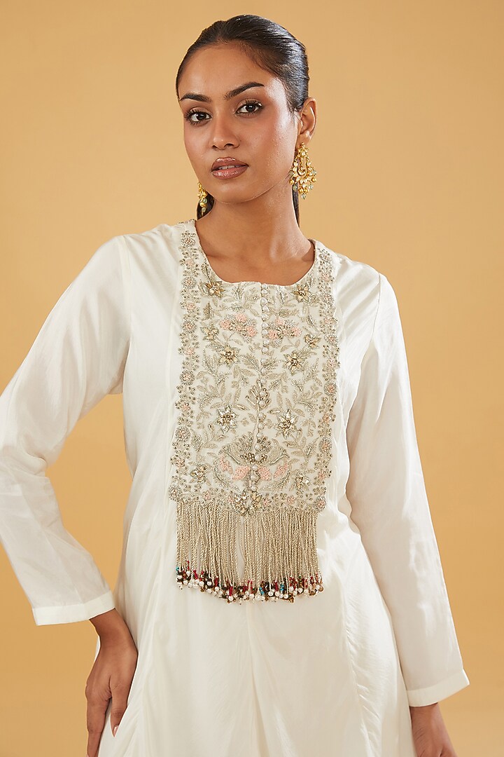 Ivory Modal Silk Dabka & Sequins Embroidered Asymmetric Kurta Set by Simar Dugal at Pernia's Pop Up Shop