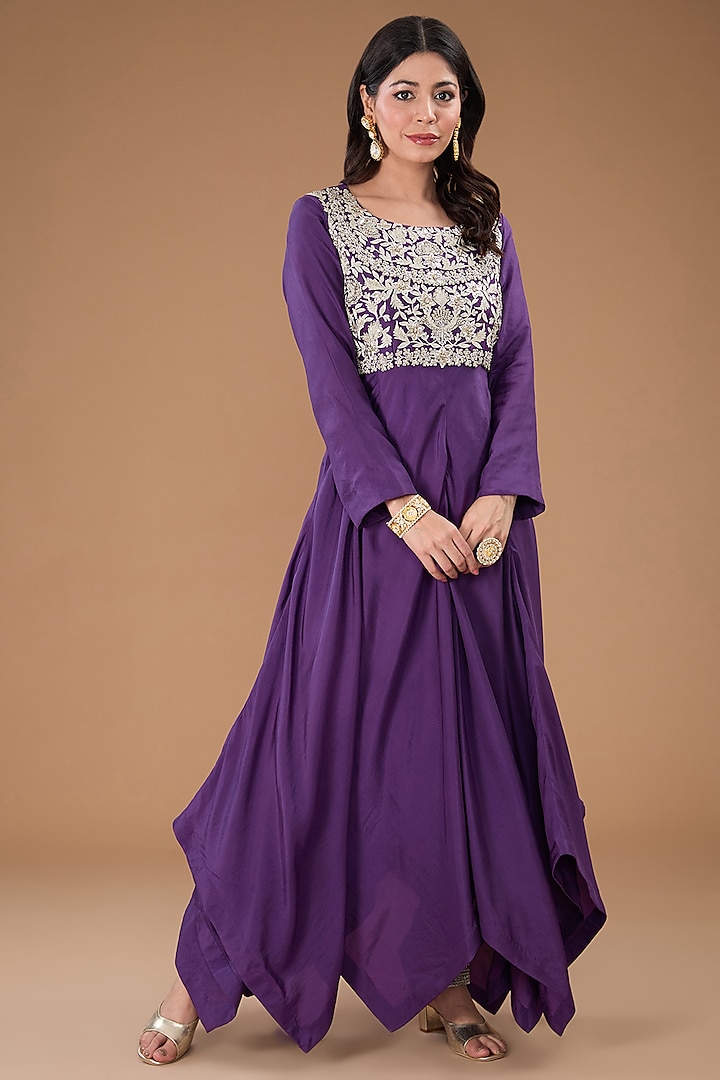 Purple Modal Silk Dabka & Sequins Embroidered Asymmetric Flowy Kurta Set by Simar Dugal