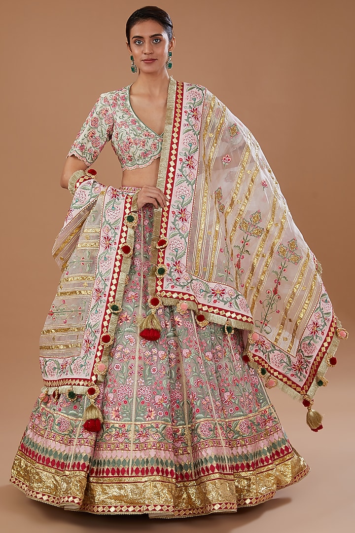 Multi-Colored Silk Organza Floral Embroidered Bridal Lehenga Set by Simar Dugal at Pernia's Pop Up Shop