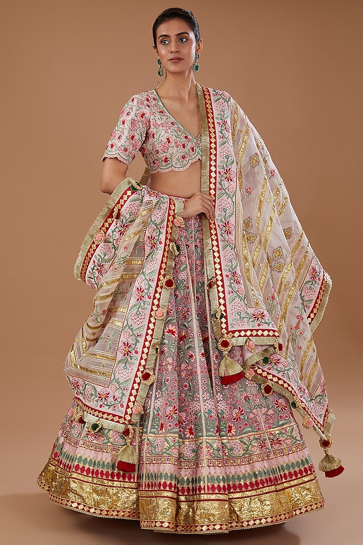 Multi-Colored Silk Organza Floral Gota Embroidered Bridal Lehenga Set by Simar Dugal at Pernia's Pop Up Shop