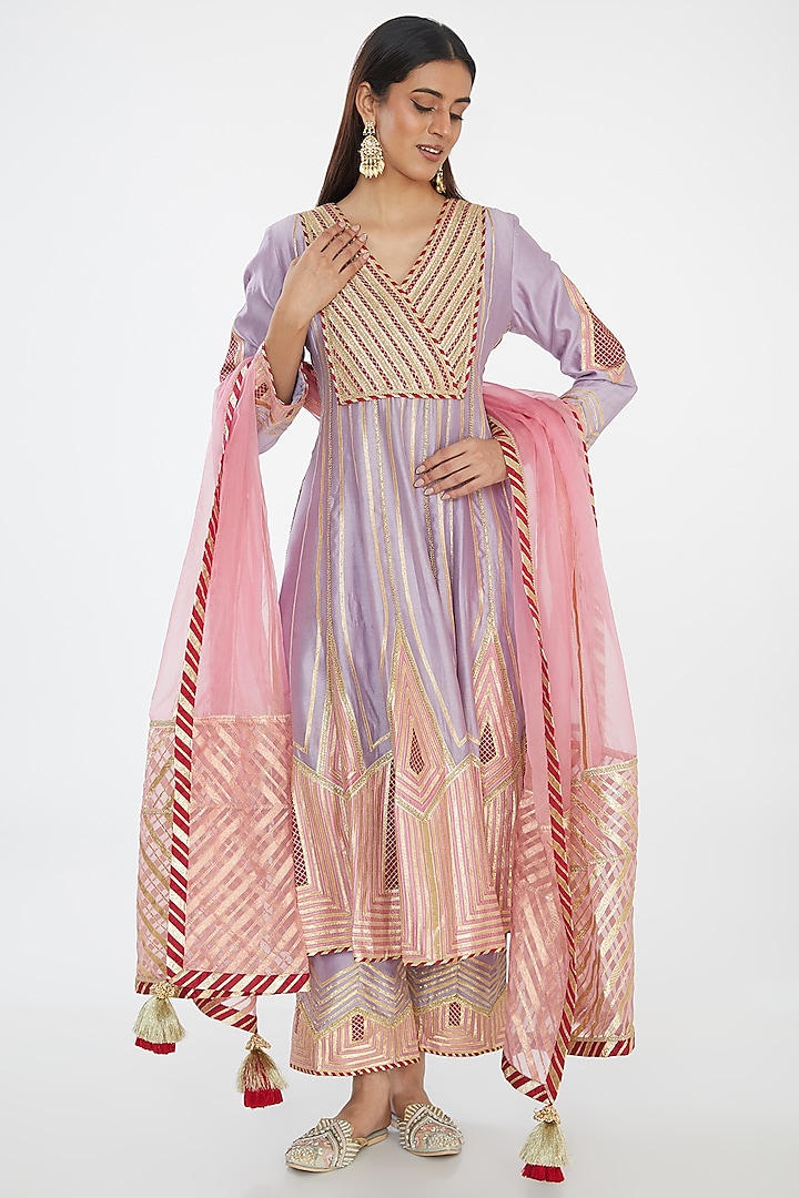 Lavender Chanderi Gota Embellished Color-Blocked Anarkali Set by Simar Dugal