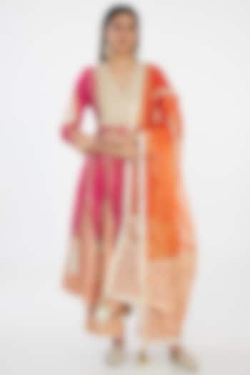 Red Chanderi Gota Embellished Color-Blocked Wedding Anarkali Set by Simar Dugal at Pernia's Pop Up Shop