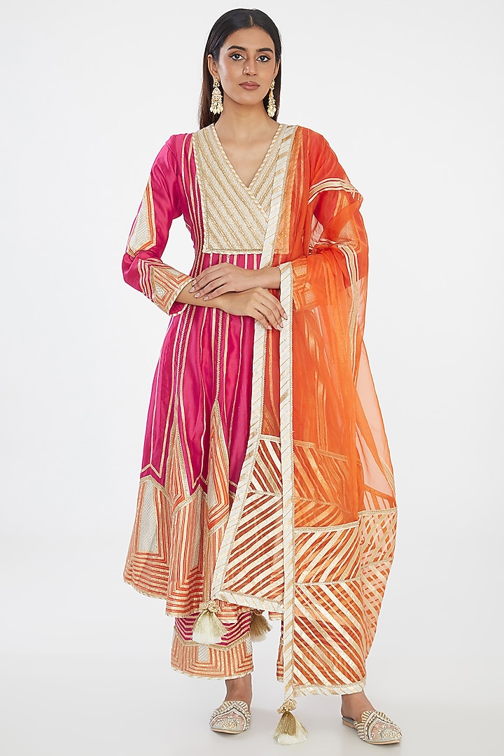 Red Chanderi Gota Embellished Color-Blocked Wedding Anarkali Set by Simar Dugal at Pernia's Pop Up Shop