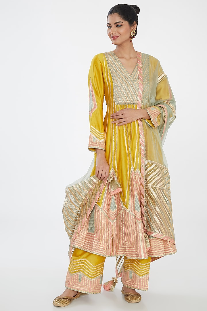 Yellow Chanderi Gota Embellished Color-Blocked Anarkali Set by Simar Dugal