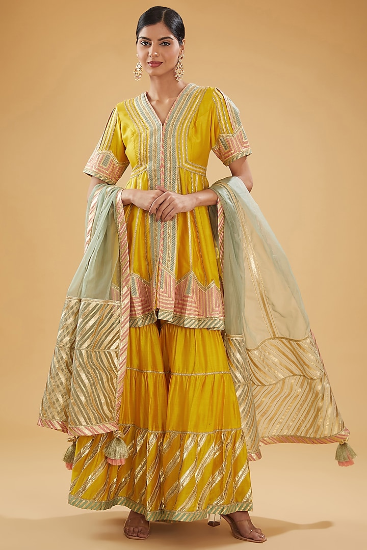 Yellow Chanderi Tiered Sharara Set by Simar Dugal