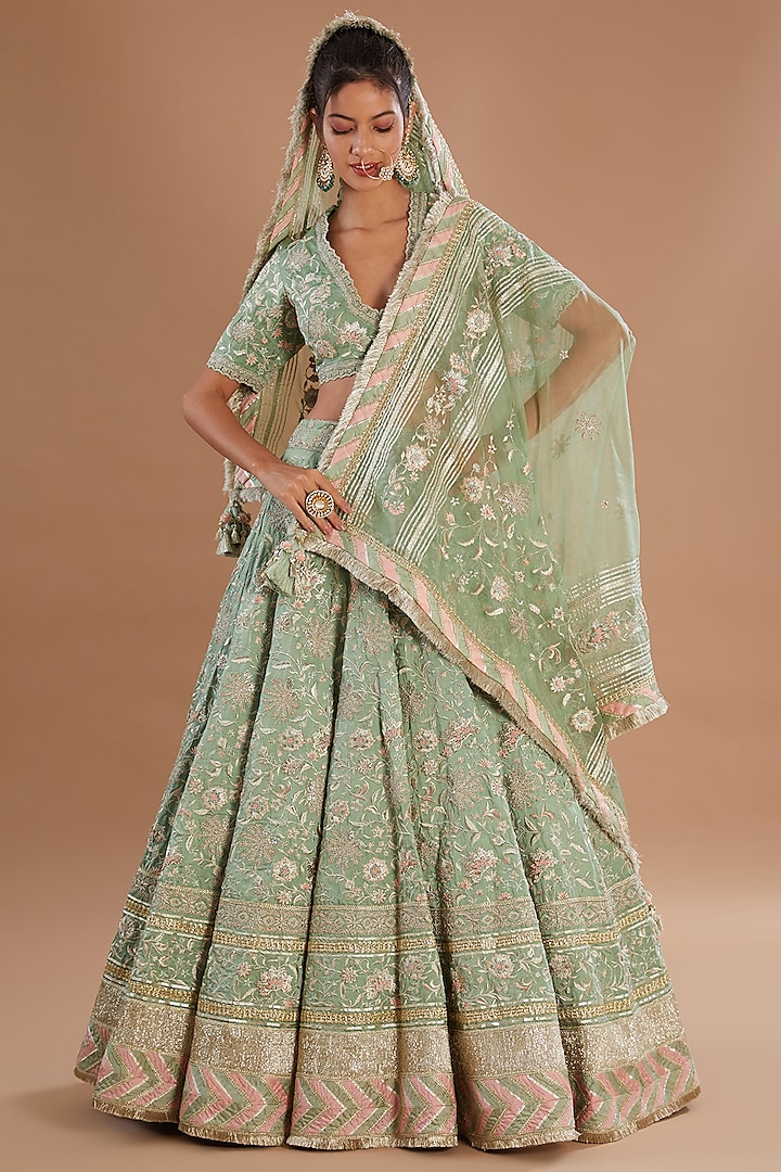 Mint Organza & Chanderi Zari Embellished Bridal Lehenga Set by Simar Dugal at Pernia's Pop Up Shop