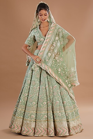 Mint Organza & Chanderi Zari Embellished Lehenga Set by Simar Dugal