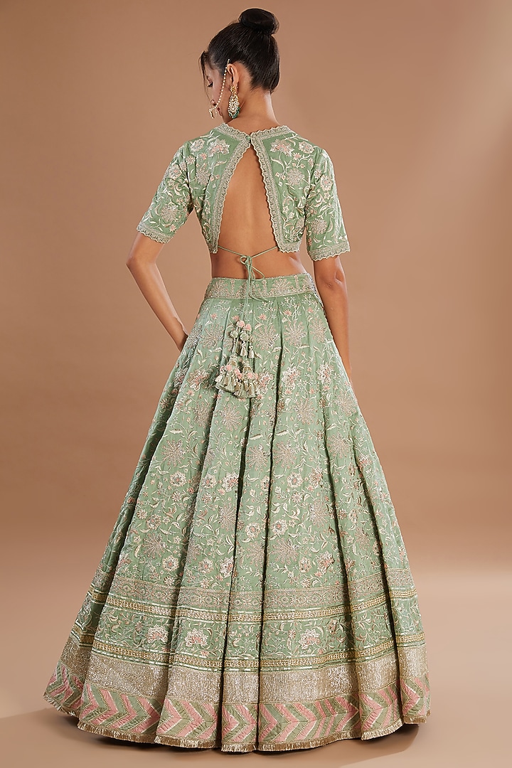 Mint Organza & Chanderi Zari Embellished Bridal Lehenga Set by Simar Dugal at Pernia's Pop Up Shop