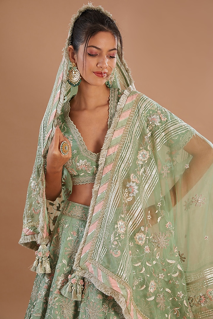 Mint Organza & Chanderi Zari Embellished Bridal Lehenga Set by Simar Dugal at Pernia's Pop Up Shop
