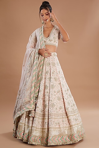 Blush Pink Organza & Chanderi Dabka Embellished Lehenga Set by Simar Dugal