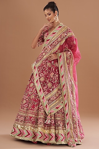Ruby Red Organza & Chanderi Thread Embellished Lehenga Set by Simar Dugal