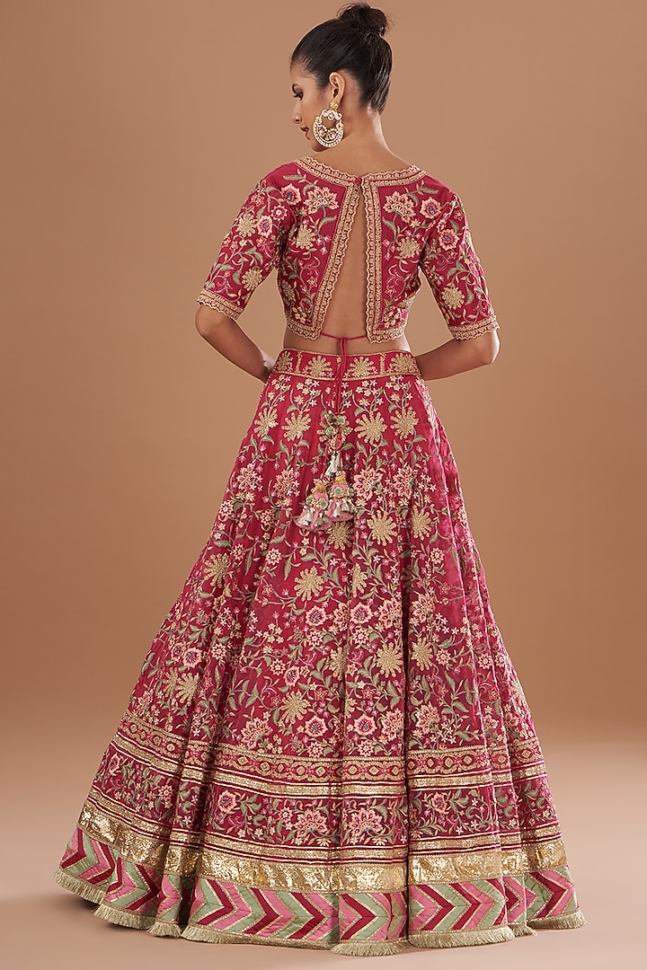 Ruby Red Organza & Chanderi Thread Embellished Bridal Lehenga Set by Simar Dugal at Pernia's Pop Up Shop
