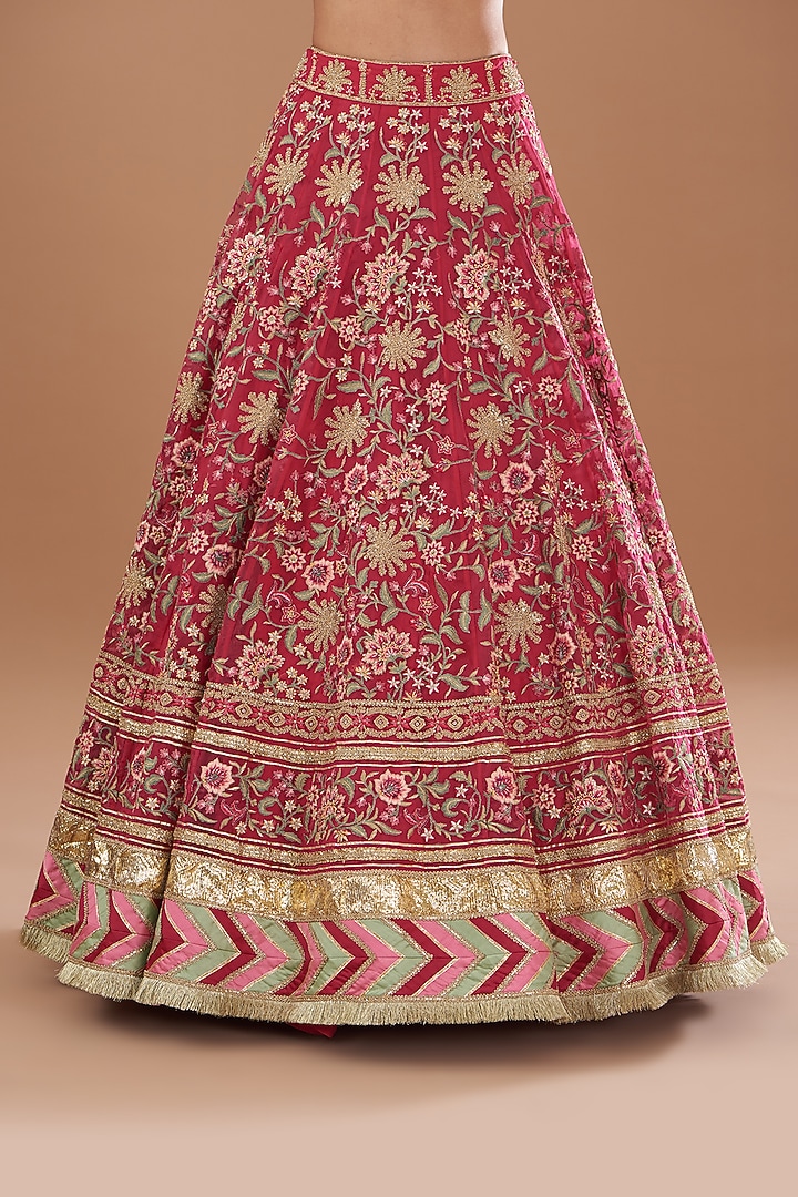 Ruby Red Organza & Chanderi Thread Embellished Bridal Lehenga Set by Simar Dugal at Pernia's Pop Up Shop