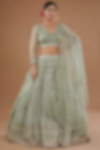 Mint Green Organza Hand Embroidered Bridal Lehenga Set by Simar Dugal at Pernia's Pop Up Shop